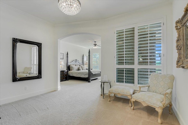1016 Santaluz Path, Austin, TX 78732 - carpeted bedroom featuring ornamental molding, arched walkways, and a chandelier