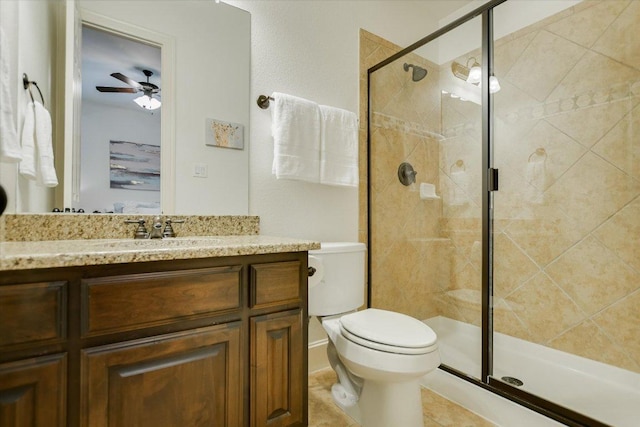 1016 Santaluz Path, Austin, TX 78732 - bathroom featuring vanity, a stall shower, ceiling fan, and tile patterned floors