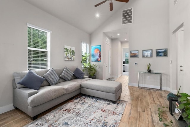 213 Virtus Bnd Unit 25, Austin, TX 78748 - living area featuring a ceiling fan, high vaulted ceiling, light wood-style floors, baseboards, and recessed lighting