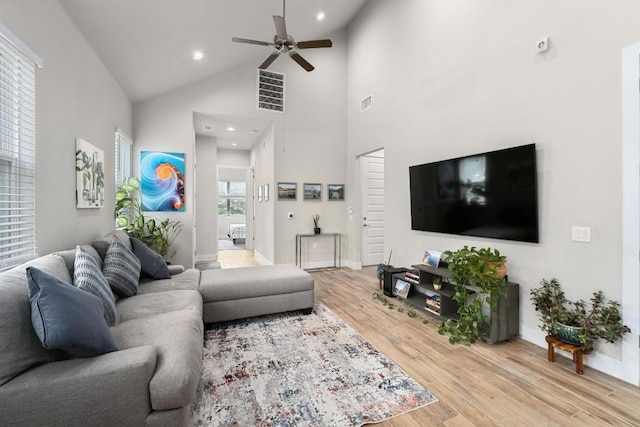 213 Virtus Bnd Unit 25, Austin, TX 78748 - living room with a ceiling fan, wood finished floors, high vaulted ceiling, recessed lighting, and baseboards