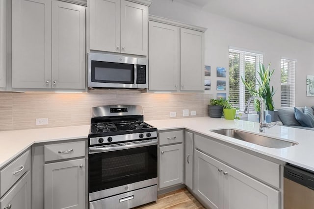 213 Virtus Bnd Unit 25, Austin, TX 78748 - kitchen with appliances with stainless steel finishes, a sink, decorative backsplash, light countertops, and gray cabinetry