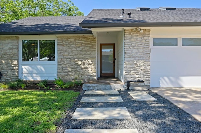 3415 Clarksburg Dr, Austin, TX 78745 - entrance to property with stone siding, a shingled roof, and a garage