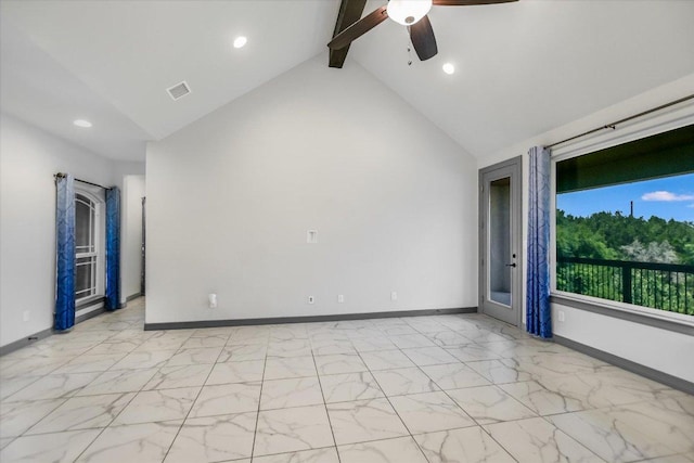 427 Bella Montagna Cir, Austin, TX 78734 - unfurnished room with baseboards, beam ceiling, ceiling fan, light marble finish flooring, and recessed lighting