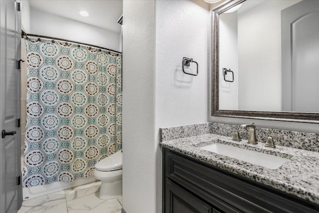 427 Bella Montagna Cir, Austin, TX 78734 - full bathroom with toilet, vanity, marble look tile flooring, and a shower with shower curtain