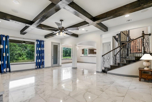 427 Bella Montagna Cir, Austin, TX 78734 - entryway with a ceiling fan, healthy amount of natural light, arched walkways, baseboards, and coffered ceiling