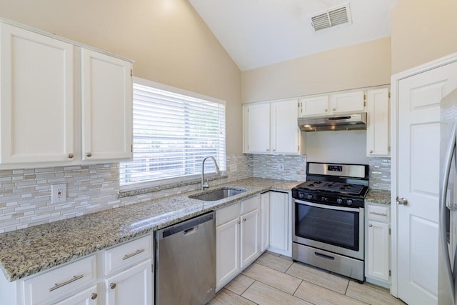 1307 Rambling Cv, Cedar Park, TX 78613 - kitchen with stainless steel appliances, under cabinet range hood, vaulted ceiling, a sink, and tasteful backsplash