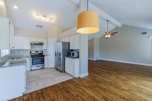 1307 Rambling Cv, Cedar Park, TX 78613 - kitchen featuring stainless steel appliances, under cabinet range hood, a sink, light wood-type flooring, and backsplash