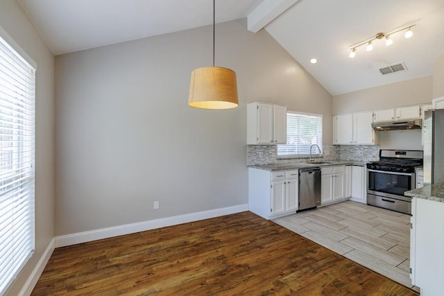 1307 Rambling Cv, Cedar Park, TX 78613 - kitchen with stainless steel appliances, a sink, light wood-style floors, decorative backsplash, and white cabinetry