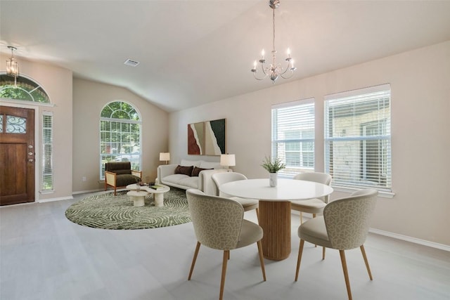 11117 Old Quarry Rd, Austin, TX 78717 - dining room featuring a chandelier, lofted ceiling, baseboards, and light wood-style flooring