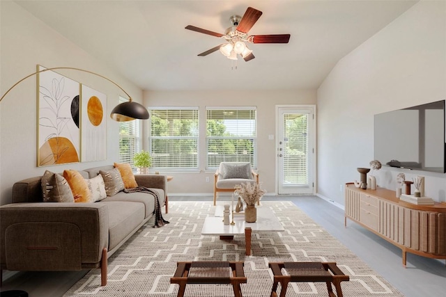 11117 Old Quarry Rd, Austin, TX 78717 - living area featuring lofted ceiling, ceiling fan, and baseboards