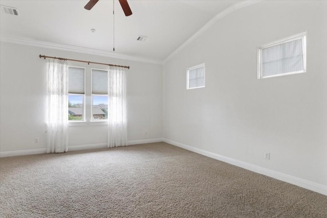 14501 Falcon Head Blvd Unit 43, Austin, TX 78738 - spare room featuring vaulted ceiling, carpet flooring, ceiling fan, ornamental molding, and baseboards