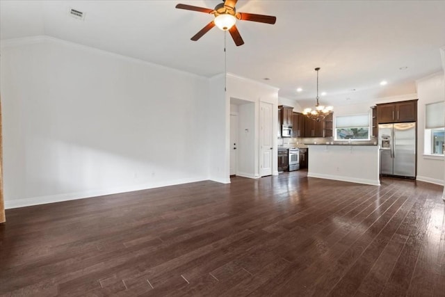 14501 Falcon Head Blvd Unit 43, Austin, TX 78738 - unfurnished living room featuring a chandelier, a ceiling fan, dark wood-style flooring, recessed lighting, and baseboards
