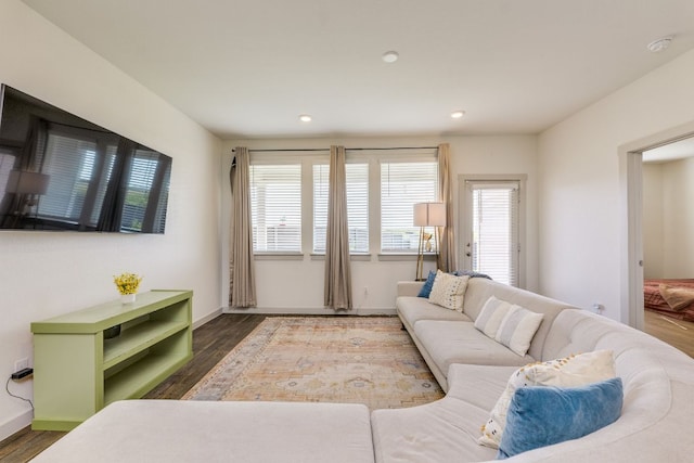 98 Barton Creek Ln, Hutto, TX 78634 - living area with dark wood-style floors, baseboards, and recessed lighting