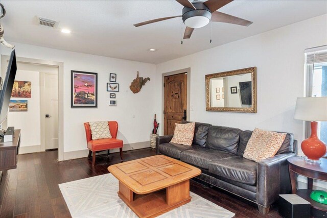 5701 Ave G, Austin, TX 78752 - living room featuring a ceiling fan, dark wood-style floors, and recessed lighting