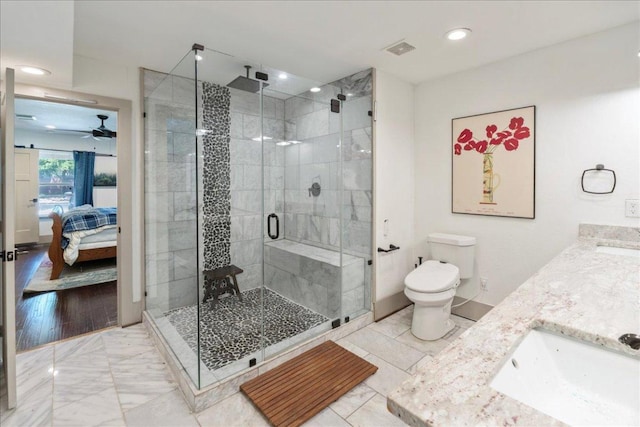 5701 Ave G, Austin, TX 78752 - full bathroom with ensuite bath, a stall shower, marble finish floors, a ceiling fan, and double vanity