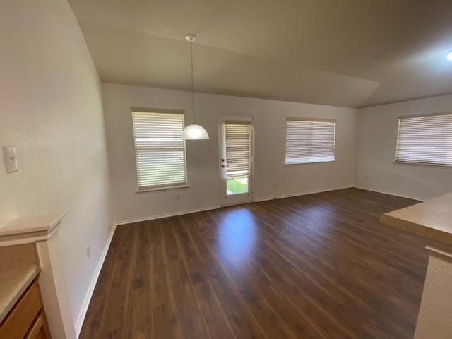 1119 Burgess Dr, Leander, TX 78641 - unfurnished dining area with dark wood-style flooring and lofted ceiling
