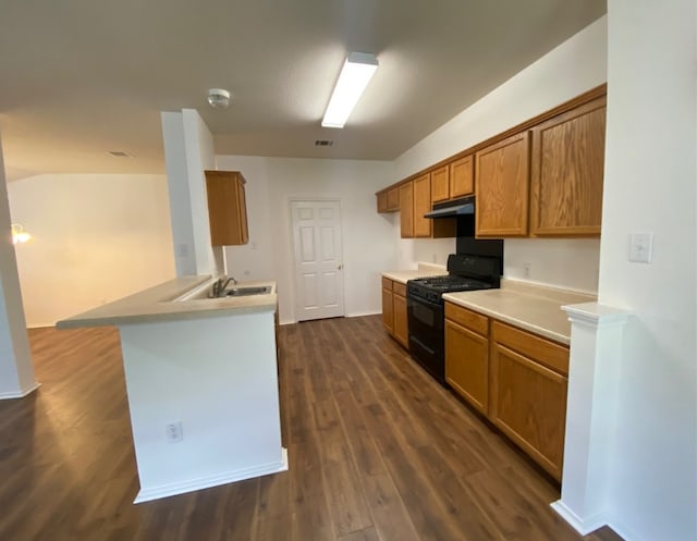1119 Burgess Dr, Leander, TX 78641 - kitchen with black gas stove, under cabinet range hood, brown cabinets, dark wood-style floors, and light countertops