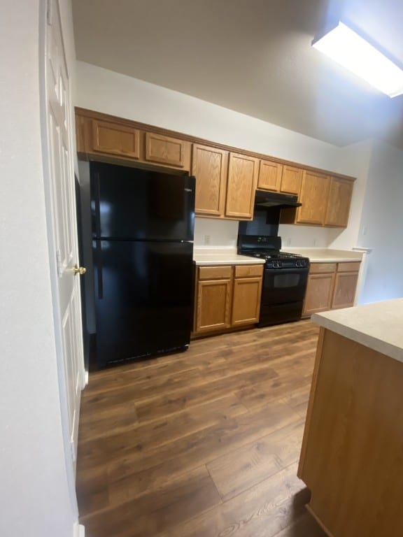 1119 Burgess Dr, Leander, TX 78641 - kitchen with black appliances, dark wood-style floors, light countertops, brown cabinets, and under cabinet range hood