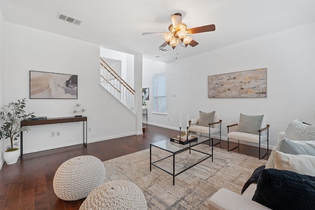14404 Showdown Ln, Austin, TX 78717 - living area with stairs, ceiling fan, wood finished floors, and baseboards