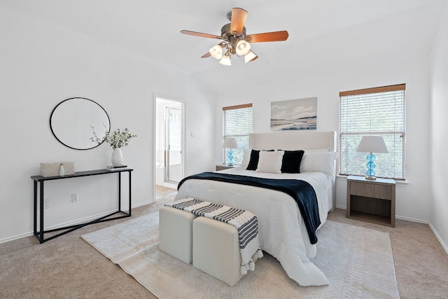 14404 Showdown Ln, Austin, TX 78717 - carpeted bedroom featuring baseboards, a ceiling fan, ensuite bathroom, and lofted ceiling