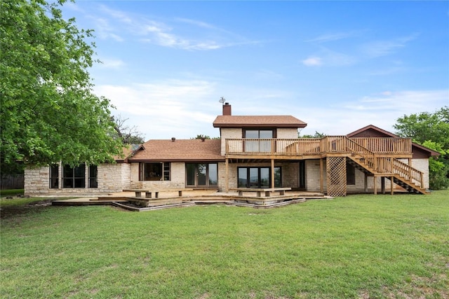 11105 Highview Dr, Belton, TX 76513 - rear view of property with a wooden deck, stairs, a chimney, and a lawn