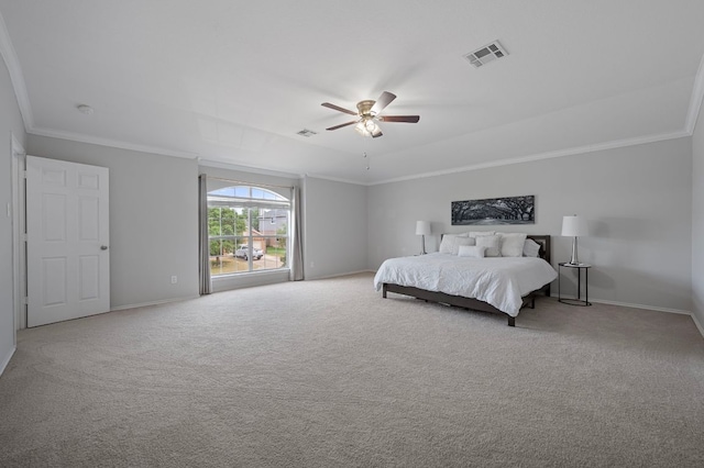 145 Trinity Dr, Kyle, TX 78640 - carpeted bedroom with baseboards, ornamental molding, and a ceiling fan