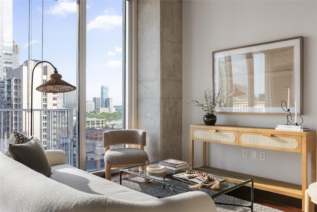 360 Nueces St Unit 1503, Austin, TX 78701 - living room featuring a city view, plenty of natural light, wood finished floors, and expansive windows