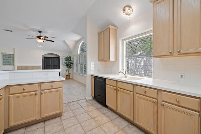 16 Troon Dr, Lakeway, TX 78738 - kitchen featuring dishwasher, light brown cabinets, a sink, ceiling fan, and light countertops