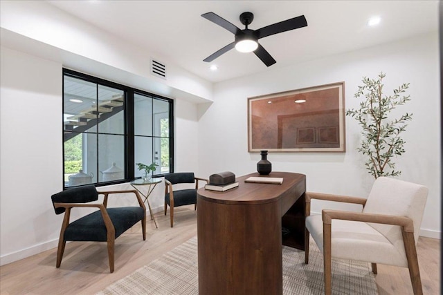 902 Challenger St, Lakeway, TX 78734 - office area with light wood-style flooring, a ceiling fan, and recessed lighting