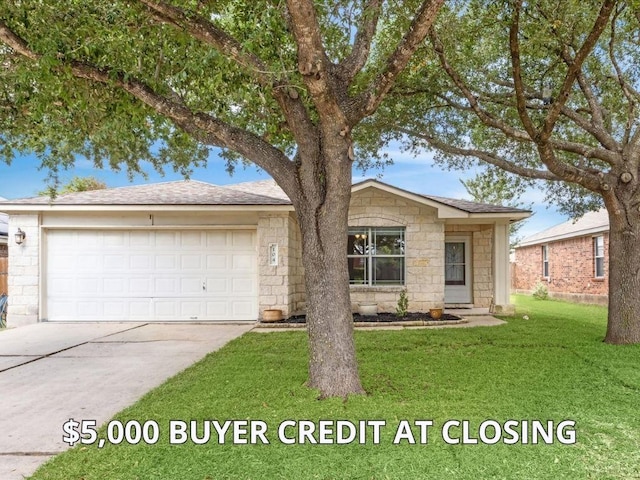 104 Lucky Clover Ln, Hutto, TX 78634 - ranch-style house with stone siding, driveway, a garage, and a front lawn