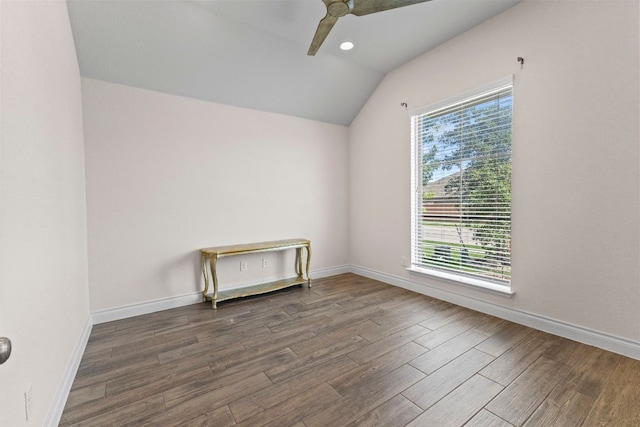 217 Magdalene Way, Liberty Hill, TX 78642 - unfurnished room with vaulted ceiling, wood finished floors, and ceiling fan