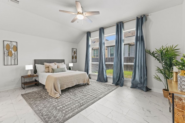 217 Magdalene Way, Liberty Hill, TX 78642 - bedroom with marble finish flooring, ceiling fan, and vaulted ceiling