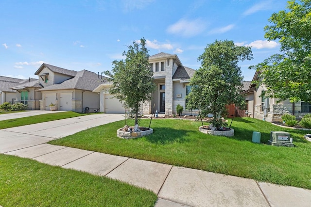 217 Magdalene Way, Liberty Hill, TX 78642 - view of front facade with concrete driveway, an attached garage, a front lawn, stone siding, and stucco siding