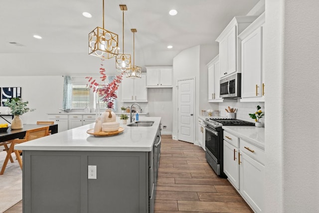 217 Magdalene Way, Liberty Hill, TX 78642 - kitchen with stainless steel appliances, recessed lighting, dark wood finished floors, white cabinetry, and tasteful backsplash