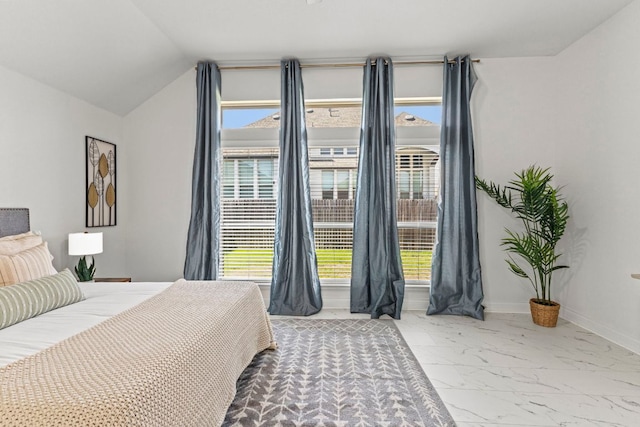217 Magdalene Way, Liberty Hill, TX 78642 - bedroom featuring marble finish floors, multiple windows, and lofted ceiling