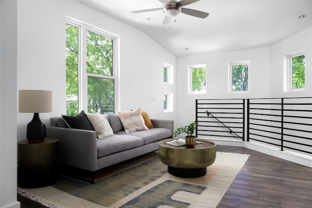 611 Fletcher St, Austin, TX 78704 - living area featuring ceiling fan, wood finished floors, and vaulted ceiling