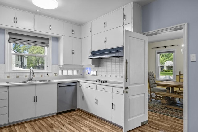 707 W Thompson Ave, Temple, TX 76501 - kitchen with stainless steel dishwasher, under cabinet range hood, a sink, and tasteful backsplash