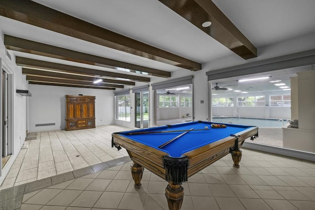707 W Thompson Ave, Temple, TX 76501 - rec room with beamed ceiling, a ceiling fan, billiards table, and tile patterned flooring