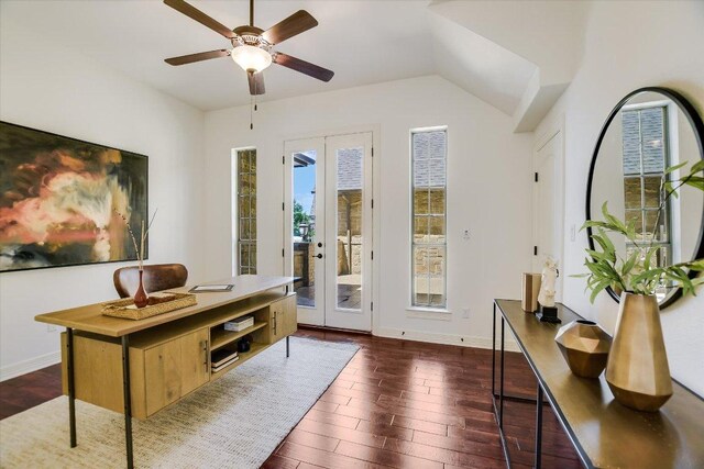 598 Naples Ln, Austin, TX 78737 - office featuring french doors, dark wood-style floors, a ceiling fan, and baseboards