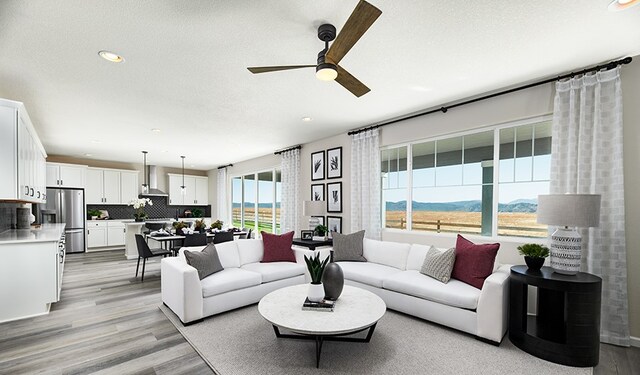 20406 Stelfox St, Manor, TX 78653 - living area featuring ceiling fan, light wood-style floors, recessed lighting, and a textured ceiling