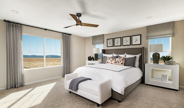 20406 Stelfox St, Manor, TX 78653 - carpeted bedroom with baseboards, a ceiling fan, a textured ceiling, and recessed lighting