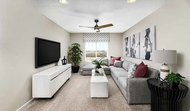 20406 Stelfox St, Manor, TX 78653 - living area with light carpet, baseboards, ceiling fan, and a textured ceiling