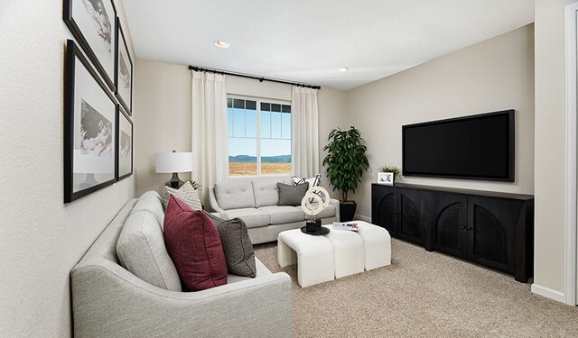 20406 Stelfox St, Manor, TX 78653 - living room featuring carpet floors, recessed lighting, and baseboards