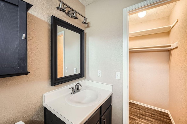 16321 Hamilton Point Cir, Manor, TX 78653 - bathroom with vanity, wood finished floors, and baseboards