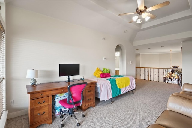 9904 Chester Cv, Austin, TX 78750 - home office featuring carpet floors, ceiling fan, and arched walkways