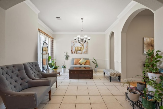 9904 Chester Cv, Austin, TX 78750 - living area featuring arched walkways, a chandelier, crown molding, and light tile patterned floors