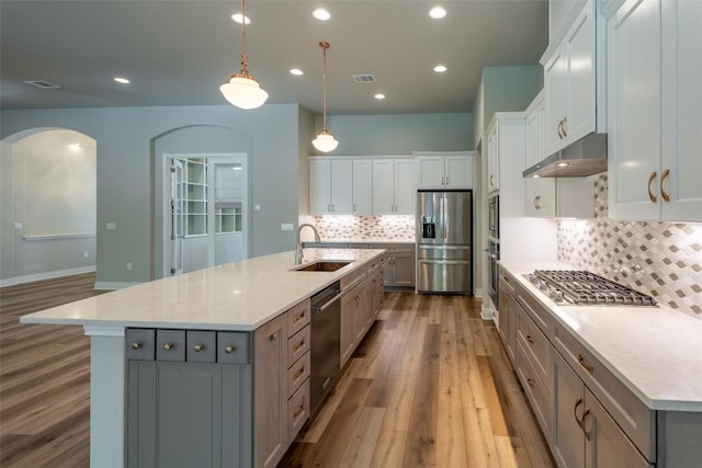 503 Fire Dance, Horseshoe Bay, TX 78657 - kitchen with under cabinet range hood, appliances with stainless steel finishes, a sink, arched walkways, and light wood-style floors