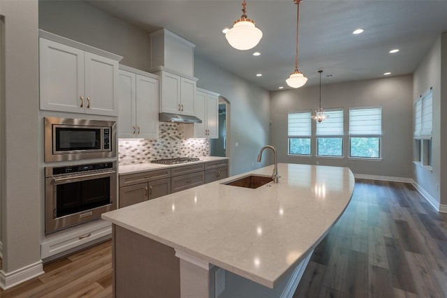 503 Fire Dance, Horseshoe Bay, TX 78657 - kitchen with appliances with stainless steel finishes, a sink, tasteful backsplash, wood finished floors, and recessed lighting