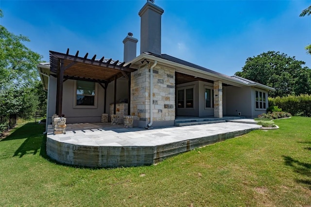 503 Fire Dance, Horseshoe Bay, TX 78657 - rear view of property with a chimney, a pergola, a patio, and stone siding