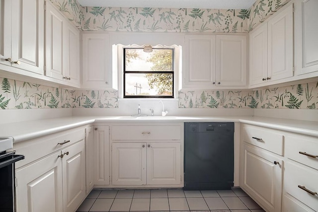 428 Summit Cir, Fredericksburg, TX 78624 - kitchen featuring dishwasher, wallpapered walls, a sink, light tile patterned floors, and white cabinetry
